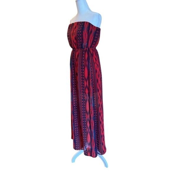 Charlotte Russe Strapless Maxi Dress Red Navy Aztec Print Sheer Overlay Small - Picture 2 of 6